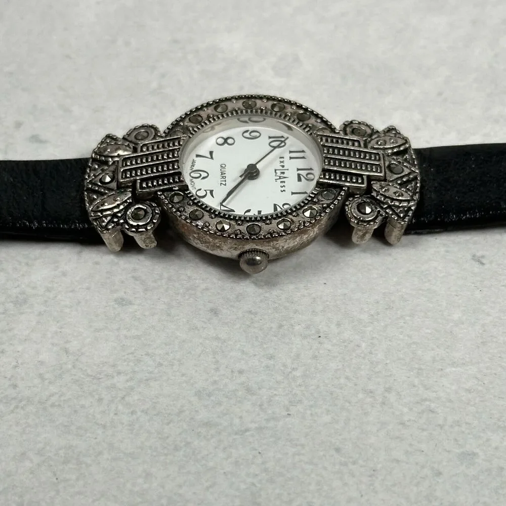 LA Express Watch Womens Marcasite Bezel Silver Tone Art Deco 25mm New Battery